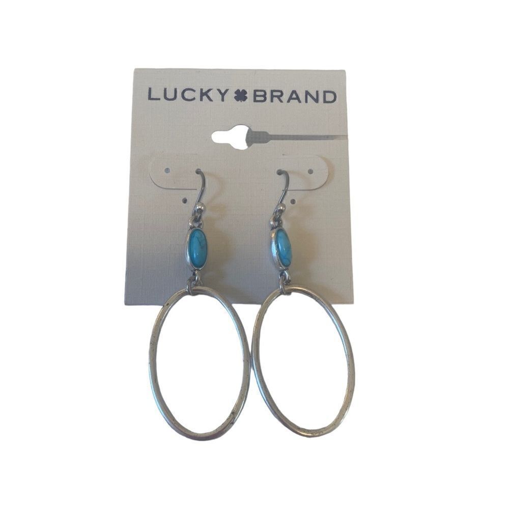Turquoise Open Circle Silver Toned Drop Earring. - Picture 5 of 6